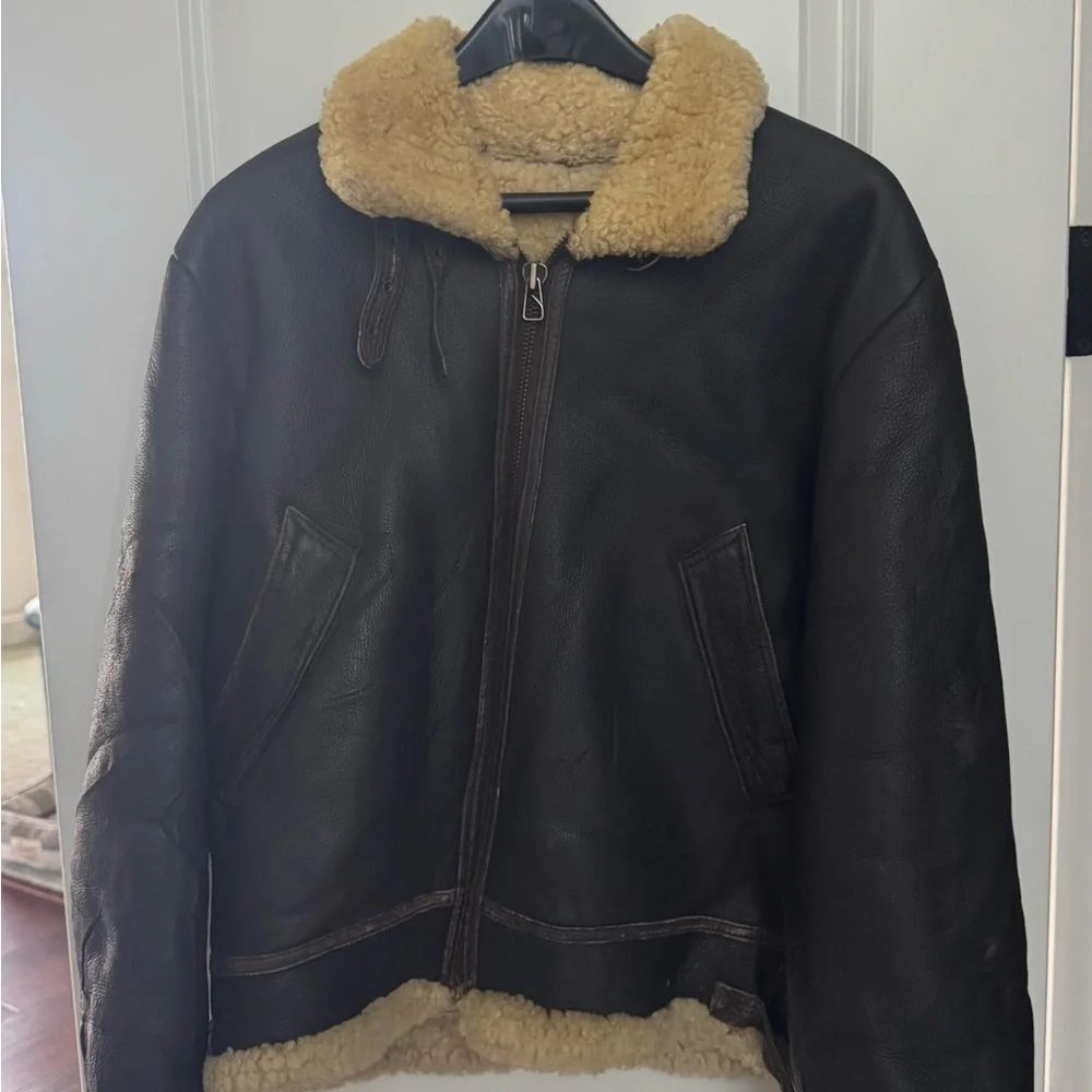 Men's Shearling Leather Bomber Jacket - Brown - Picture 6 of 8